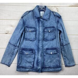Avec Les Filles Jacket Womens S Denim Military Full Zip Cargo Pockets Acid Wash